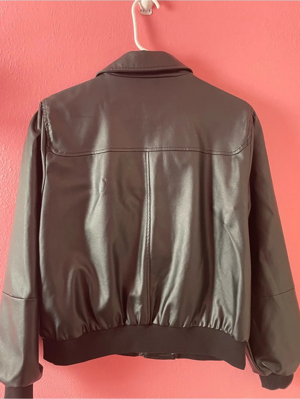 Nine West Black Faux Leather Bomber Jacket with Zip Pockets L